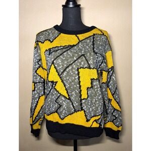 Vintage Adele Knitwear Crewneck Geometric Ribbed Pullover Yellow/Gray/Black 10
